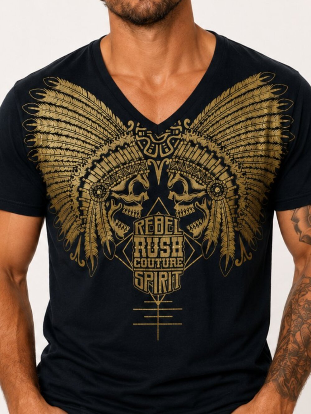 Rush Couture Men's Unisex V-neck Tee Shirt Black Gold Studded Size Large Graphic